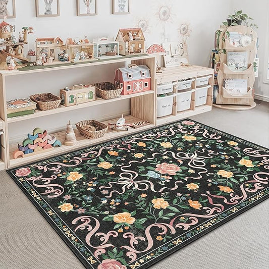 Black Rug Bow Floral Rug 3x5, Washable Boho Area Rugs Non Slip Low Pile Carpet for Girls Room Bedroom, Bedside, Kitchen, Entryway, Kids Room, Soft Ultra-Thin Indoor Elegant Rugs