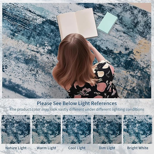 Living Room Rug 9x11 Aqua Blue Area Rugs Machine Washable Abstract Boho Large Rug Non-Slip Non-Shedding Faux Wool Indoor Vintage Carpet for Bedroom, Classroom, Dining Room, Kids Playroom