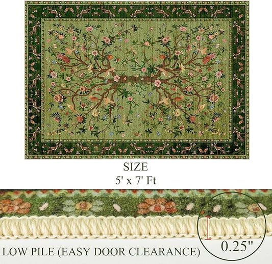 Green Rugs for Living Room 5x7 Area Rugs, Machine Washable Non-Slip Carpet, Boho Floral Low Pile Throw Rugs for Bedroom, Dining Room, Office, Nursery, Vintage Home Decor