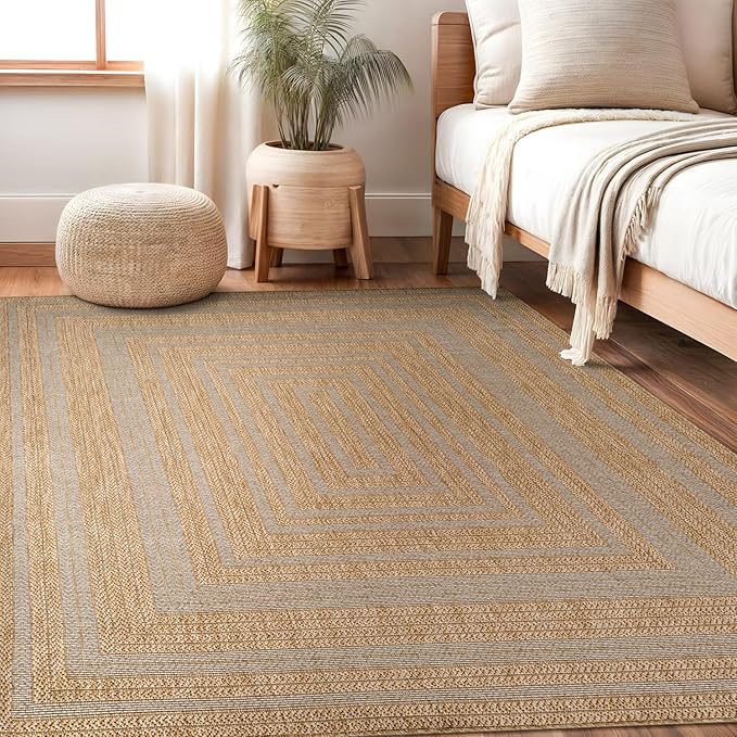 Beverly Rug Easy Jute Framed Border Rug 5x7 Washable Durable Indoor Outdoor Area Rugs for Living Dining Room Patio Office Stain Resistant Non Shedding Casual Indoor Outside Carpet 5 x 7 Natural
