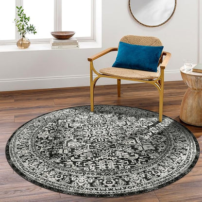 vivorug Round Rug 6ft Vintage-Inspired Round Area Rug Non-Slip Indoor Carpet for Living Room Bedroom Entryway, Stain Resistant Home Decor Circle Rug, Black and White