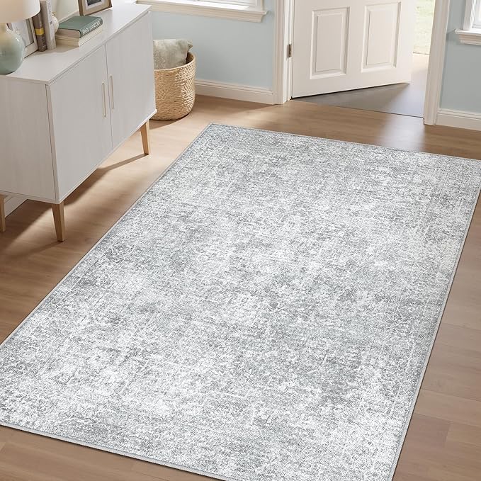 3x5 Area Rug Washable Vintage Entryway Living Room Carpet Indoor Office Non Slip Grey Entrance Distressed Low Pile Retro Accent Throw Rug for Dining Room Bathroom Bedroom Laundry