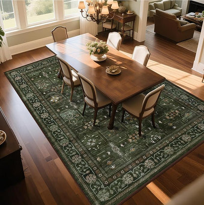 8x10 Washable Area Rug for Living Room, Non Slip Vintage Floral Print Rugs No Shedding, Distressed Thin Retro Accent Carpet for Bedroom Nursery Farmhouse Dining Room Dark Green