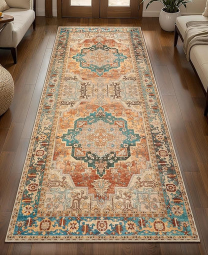 Tangsoo 2x5 Washable Runner Rug for Hallways, Non Slip Vintage Runner Rug, Soft Low Pile Long Rug Runner, Print Distressed Carpet Runners for Kitchen Bedroom Entryway Bathroom Living room Rusty Orange