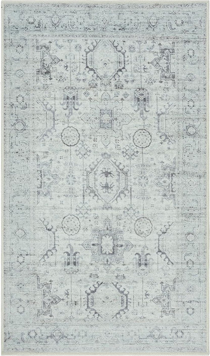 GLN Rugs Traditional Collection - Machine Washable Area Rug, Traditional Washable, Non Slip, Low Pile Chenille Rug, Living Room, Bedroom, Kitchen Rug (2'6" x 7' Cream/Gray/Sea Salt)