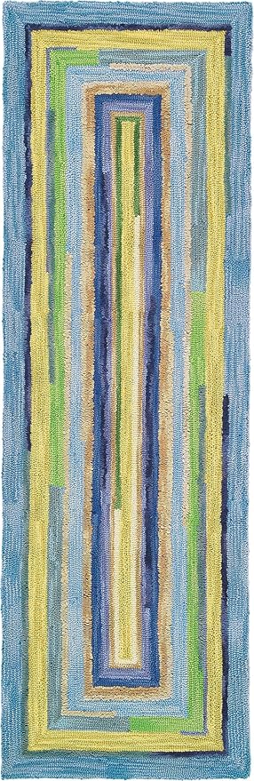 Company C Concentric Squares Runner Rug Wool 2'6" X 8', Sky Striped