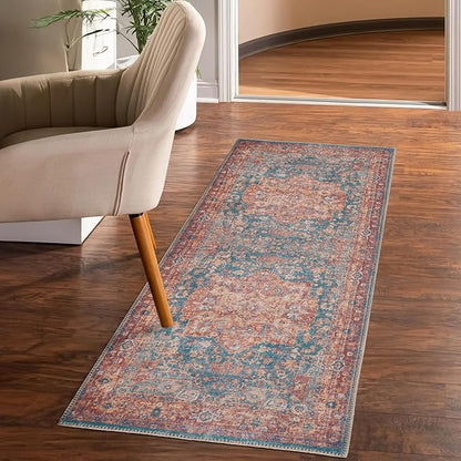 GLN Rugs Traditional Collection - Machine Washable Area Rug, Traditional Washable, Non Slip, Low Pile Chenille Rug, Living Room, Bedroom, Kitchen Rug (2'6" x 7' Terra/Green)