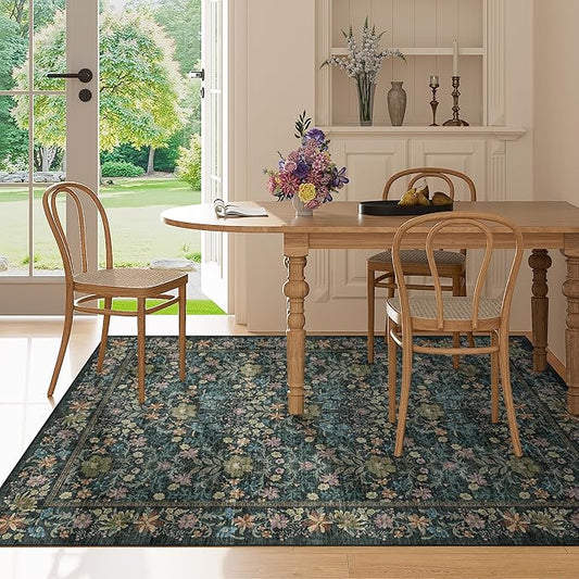 DUKINO 3x5 Area Rug, Vintage Floral Washable Rug for Bedroom with Non Slip Design, Soft Low Pile Indoor Small Carpet for Bedroom, Farmhouse, Living Room, Office, Bathroom, Blue