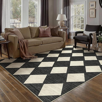 5x7 Checkered Area Rugs for Living Room Black Machine Washable Large Rug Non-Slip Stain Resistant Low Pile Boho Accent Indoor Throw Carpet for Office Bedroom Dining Room Classroom