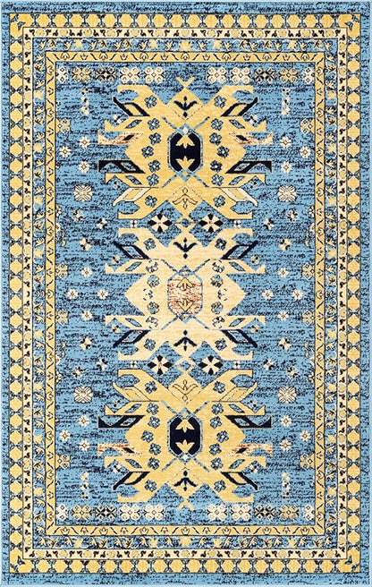 Unique Loom Taftan Collection Border Geometric Tribal Inspired Design Area Rug (5' 0 x 8' 0 Rectangular, Light Blue/ Gold)