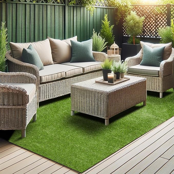 Ottomanson 6'6" x 10' Artificial Faux Grass Rug - Realistic Turf with UV Protection - Perforated for Easy Drainage - Durable, Hose-Off Synthetic Lawn Carpet for Indoor & Outdoor Use, Green