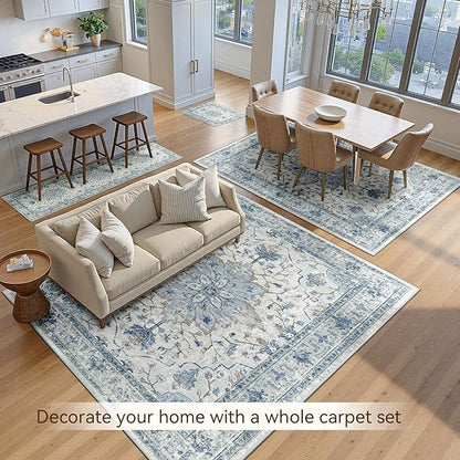 Area Rugs 2'x8' Washable Non-Slip, Floral Vintage Distress Print Pattern Medallion Carpet for Living Room Bedroom Dining Room, Light Blue Navy Beige Gray White