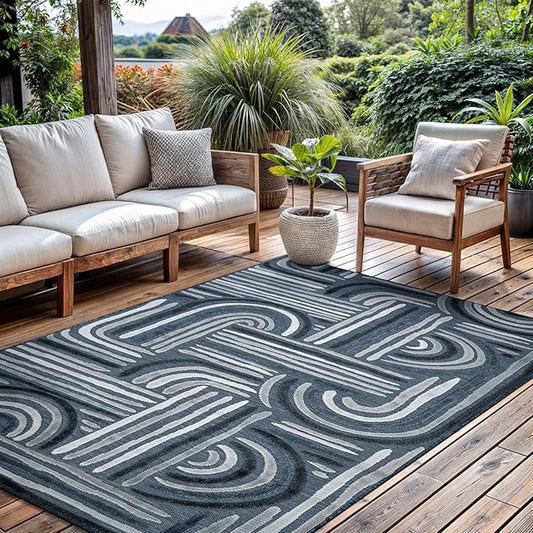 CAMILSON Indoor Outdoor Rug, Navy Blue 6x9 Geometric Arch Striped Area Rugs for Patio and Home Areas, Easy-Cleaning Non-Shedding Living Room, Garden and Deck Washable Outside Carpet (6 x 9)
