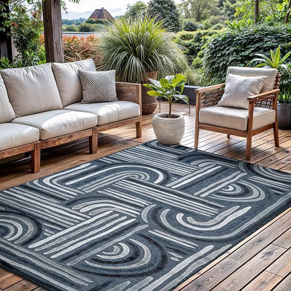 CAMILSON Indoor Outdoor Rug, Navy Blue 10x14 Geometric Arch Striped Large Area Rugs for Patio and Home Areas, Easy-Cleaning Non-Shedding Living Room, Garden and Deck Washable Outside Carpet 10 x 14