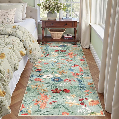 Floral Runner Rug 2x7 Washable Hallway Long Green Bedroom Carpet Non Slip Indoor Boho Kitchen Low Pile Accent Rug Lightweight Soft for Bathroom Dining Laundry Living Room