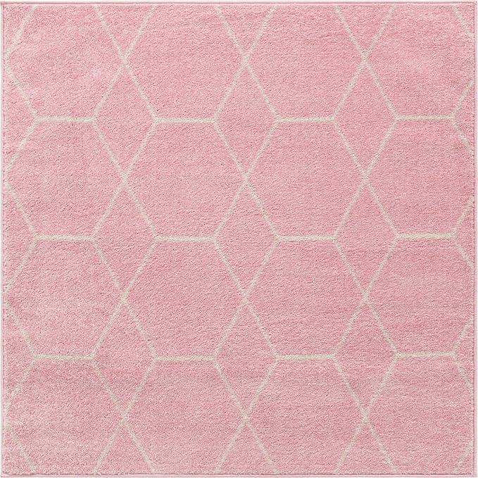Unique Loom Trellis Frieze Collection Area Rug - Geometric (4' Square, Light Pink/ Ivory)