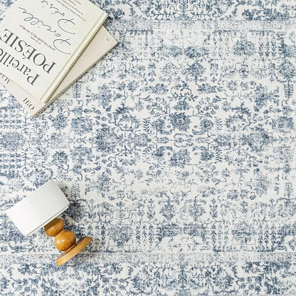 Navy Blue Area Rug 6x9 Machine Washable Vintage Living Room Distressed Non Slip Carpet Traditional Indoor Bedroom Retro Floral Accent Throw Large Rug for Office Kitchen Dining Room