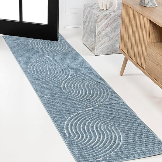 JONATHAN Y Hallie High-Low Curve Dark Blue/Cream 2x8 Indoor/Outdoor Runner Rug, Minimalist Geometric, Pet Friendly, for Patio, Backyard, Living Room, Bedroom, Office, Hose-Washable (SCN100C-28)