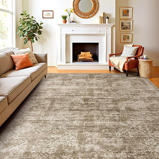 WITSHOCK 9x12 Area Rugs for Living Room: Machine Washable Non Slip Modern Abstract Carpet - Low Pile Print Rug for Bedroom Dining Room - Stain Resistant for Household - Pet Owners (Earthy Brown)