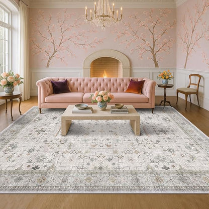 Boho Light Grey Living Room Rug 10x14 - Modern Vintage Eclectic Floral Pastel Neutral Taupe, Washable Low Pile Non-Slip Extra Large Area Rugs for Dining Under Table Bedroom Lounge