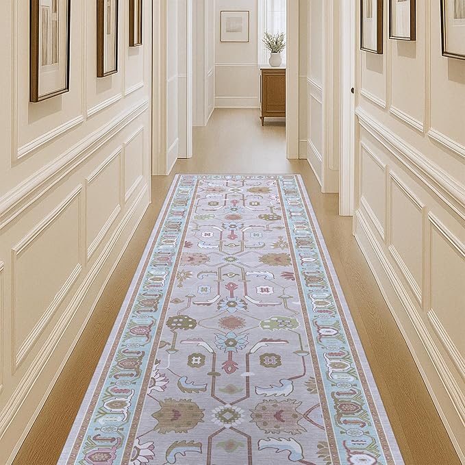 Fame Living Pink Oushak Rug, Modern Rugs, Vintage, Turkish, Eclectic, Floral, Pastel, Washable, Small Throw, Accent Area Rug for Living Room, Bedroom, Kitchen, Bathroom, 2'5"x4'9