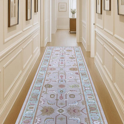 Fame Living Pink Oushak Runner Rug, Modern Runners, Turkish, Eclectic, Floral, Pastel, Washable, Small Throw Rugs, Short Runner for Hallway, Entryway, Laundry, Bedroom, Kitchen, Bathroom, 2'5"x6'5"