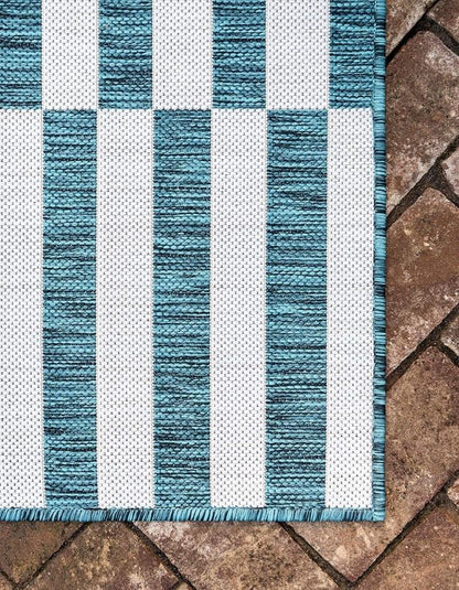 Unique Loom Outdoor Collection Classic Stripes, Transitional Indoor & Outdoor Area Rug, Rectangular 8' 0 x 11' 0 Teal/ Ivory