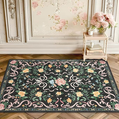 Black Rug Bow Floral Rug for Girls, 2x3 Washable Small Area Rug for for Entryway, Kitchen, Front Door Indoor Entrance, Non Slip Carpet for Bathroom Bedroom Living Room