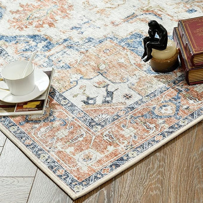 jinchan Kelda Area Rug 9x12 Washable Living Room Rug Vintage Indoor Large Floor Cover Distressed Lightweight Non-Slip Low Pile Thin Mat Accent Stain Resistant Carpet for Bedroom Office Orange