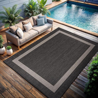 CAMILSON Outdoor Rug 8x10,Modern Outside Rugs for Patios Porches Waterproof Durable Washable Non-Shedding, Easy-to-Clean Indoor Outdoor Area Carpet (8 x 10, Bordered - Dark Gray/Light Gray)