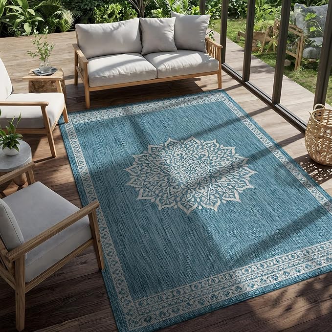 CAMILSON Outdoor Rug 6x9 Medallion Aqua Modern Area Rugs for Indoor and Outdoor Patios Kitchen and Hallway Mats Washable Porch Deck Outside Carpet (Medallion Aqua 6 x 9)