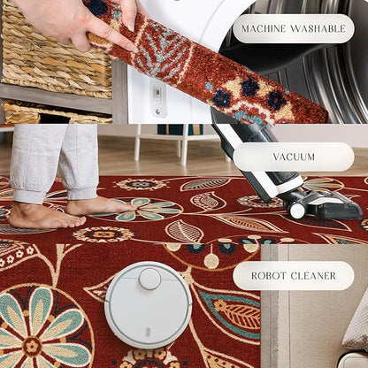 Maples Rugs Reggie Floral Runner Rug - Made in USA - Washable, Non Slip Indoor Carpet for Kitchen, Hallway, and Laundry Room, 2'6" x 8', Merlot