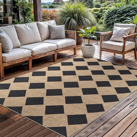Checkered Easy Jute Rug 6x9 Outdoor Rug Large Washable Area Rugs for Living Room Bedroom Non Slip Neutral Farmhouse Indoor Outdoor Carpet for Backyard Patio Office