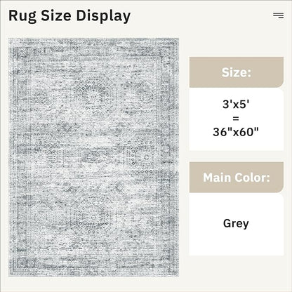 3x5 Rug, Small Area for Kitchen, Entryway, Machine Washable Non-Slip Throw Rug, Vintage Carpet for Nursery Coffee Table Grey