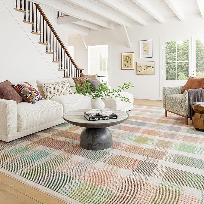 Dash & Albert Chanan Plaid Multi Machine Washable Rug, 4 X 6 Feet, Multicolored/Ivory Plaid Pattern