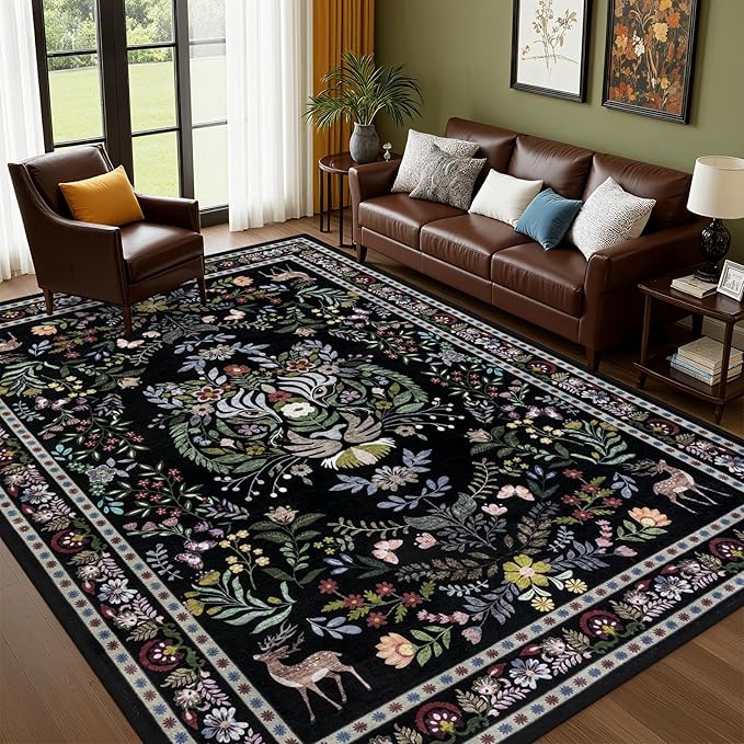 8x10 Area Rugs Living Room Rug: Vintage Washable Rug Floral Soft Carpet Indoor Floor Non-Slip Boho Stain Resistant Large Carpets for Bedroom Kids Nursery Dining Room Farmhouse Home Office Black