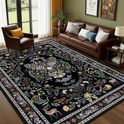 8x10 Area Rugs Living Room Rug: Vintage Washable Rug Floral Soft Carpet Indoor Floor Non-Slip Boho Stain Resistant Large Carpets for Bedroom Kids Nursery Dining Room Farmhouse Home Office Black