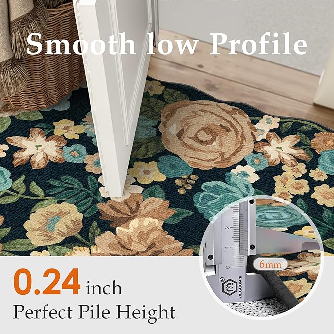 Washable Floral Area Rug 4x6 Black Office Carpet Scalloped Flower Non Slip Soft Living Room Rug Farmhouse Low Pile Thin Indoor Floor Cover for Bathroom Bedroom Kitchen Laundry Dining Room