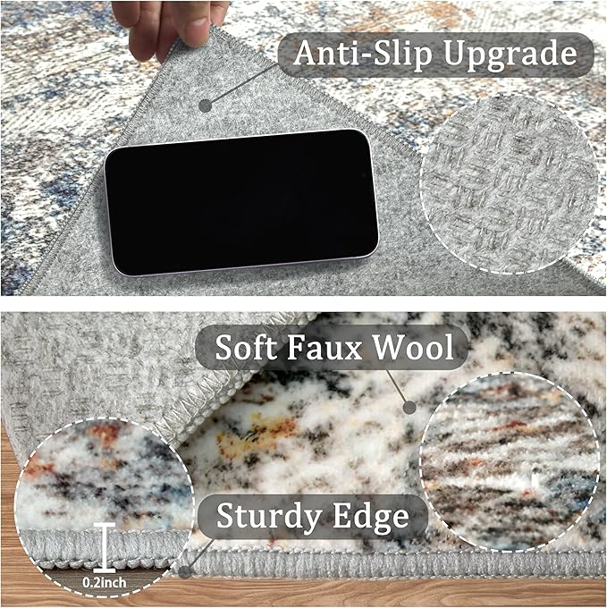 6x9 Washable Area Rug for Living Room, Multicolor Modern Vintage Abstract Rug Large Non-Slip Low Pile Soft Faux Wool Carpet, Kids and Pets Friendly for Bedroom Dining Room Farmhouse Home Decor Rug