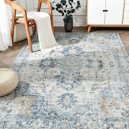 jinchan Area Rug 5x7 Washable Bedroom Rug Vintage Indoor Floor Cover Distressed Lightweight Non-Slip Low Pile Thin Mat Accent Stain Resistant Carpet for Living Room Dining Room Kitchen Office Blue