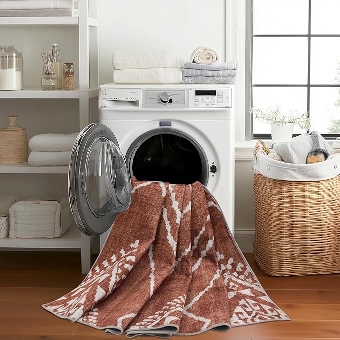 ReaLife Rugs Machine Washable Area Rug - Living Room Bedroom Bathroom Kitchen Entryway Office - Padded Low Pile Stain Resistant Premium - Moroccan Diamond Tribal - Jax - Orange 7'6" x 9'6"