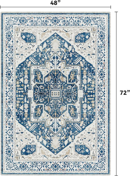 EnHomee 4x6 Area Rugs for Living Room, Boho Area Rug, Machine Soft Washable Rug for Bedroom, Living Room Rug, Non-Slip, Low-Pile, Dining Room Indoor Home Decor, Colorful Print, Blue and White