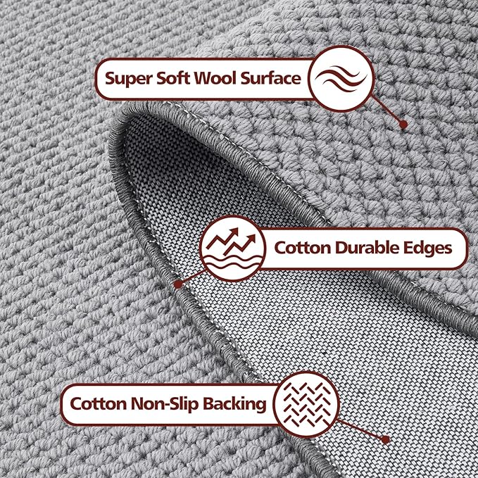 ANSSO Wool Rugs 8x10 for Living Room,80% Merino Wool and 20% Cotton Soft Tufted Area Rug with Cotton Non-Slip Backing,Large Area Rug for Bedroom Bedroom, Dining and Home Office (Dark Gray)