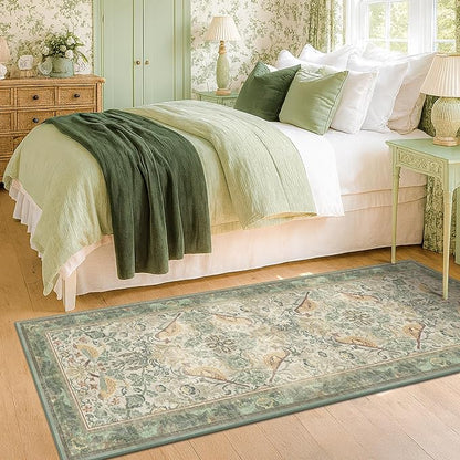 Boho Long Bathroom Runner Rug 2x6 - Floral & Bird Runner Rug for Kitchen Floor, Hallway, Laundry Room, Bedroom, Entrance, Sage Green Vintage Decor, Washable Non Slip Low Pile - Light Green