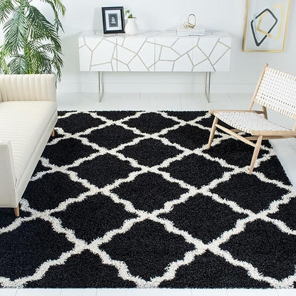 SAFAVIEH Area Rug 8x10 - Dallas Shag Collection - Large - Black & Ivory, Trellis Pattern, Non-Shedding & Easy Cleaning, Plush Thick Pile, Ideal for Living Room, Bedroom, Dining Space (SGD257Z)
