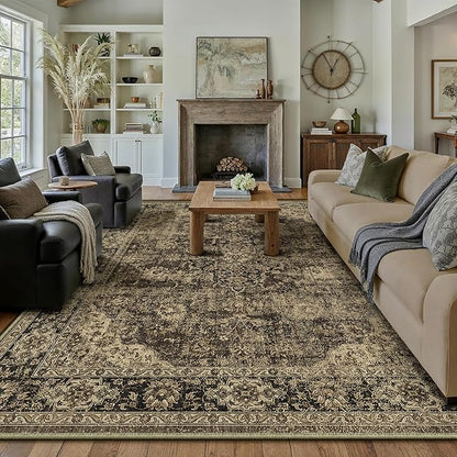 HUGEAR Retro Brown Area Rug 6x9 Machine Washable Living Room Rugs Distressed Vintage Floral Low Pile Carpet Bedroom Office Dining Room Laundry Room Non Slip Soft Lightweight