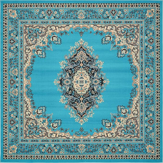 Unique Loom Reza Collection Traditional Persian Style Area Rug, 8' 0" x 8' 0", Turquoise/Ivory