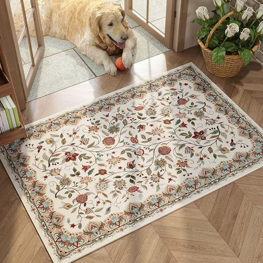 Rugcomf 2'x3' Entryway Rug - Paisley Pattern, Door Mat Indoor Entrance, Floral Vintage, Machine Washable, Non-Slip Low Pile Area Rug for Kitchen, Front Door, Kids Room - Beige