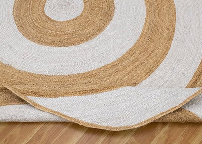4x7 Oval Kilim Rug – Handmade Boho Area Rug, Solid White Beige Jute, Hand Braided Flatweave, 0.27" Thick Oval Carpet for Bedroom, Living Room, Dining Room