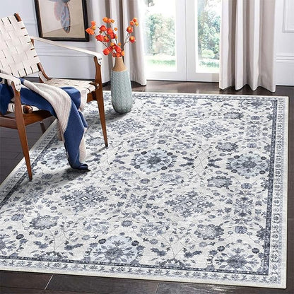 vivorug 3x5 Rug, Stain Resistant Washable Rug for Living Room, Floral Area Rug Vintage Inspired (Ivory/Blue, 3'x5')